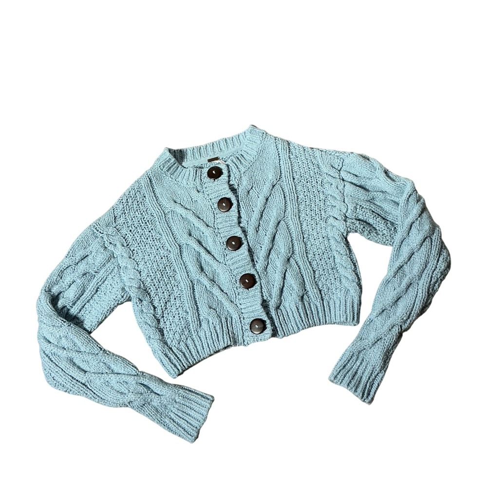Free People Cable Knit Cropped Cardigan Womens XS Blue OB885094 Sweater